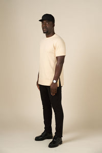 Tan slim fitted cotton stretch T-shirt with logo embroidery