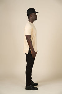 Tan slim fitted cotton stretch T-shirt with logo embroidery